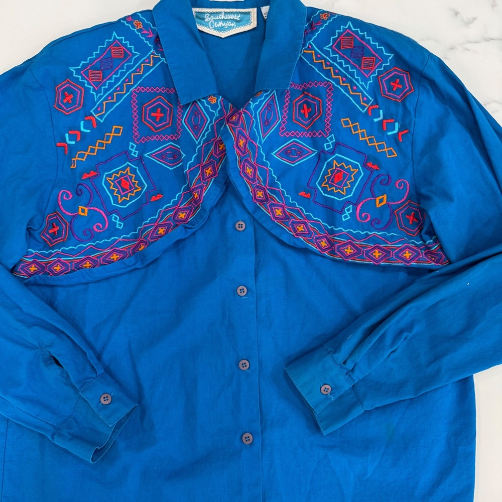 VTG Southwest Canyon Embroidered Western Boho Shirt Womens M Button Up Geometric